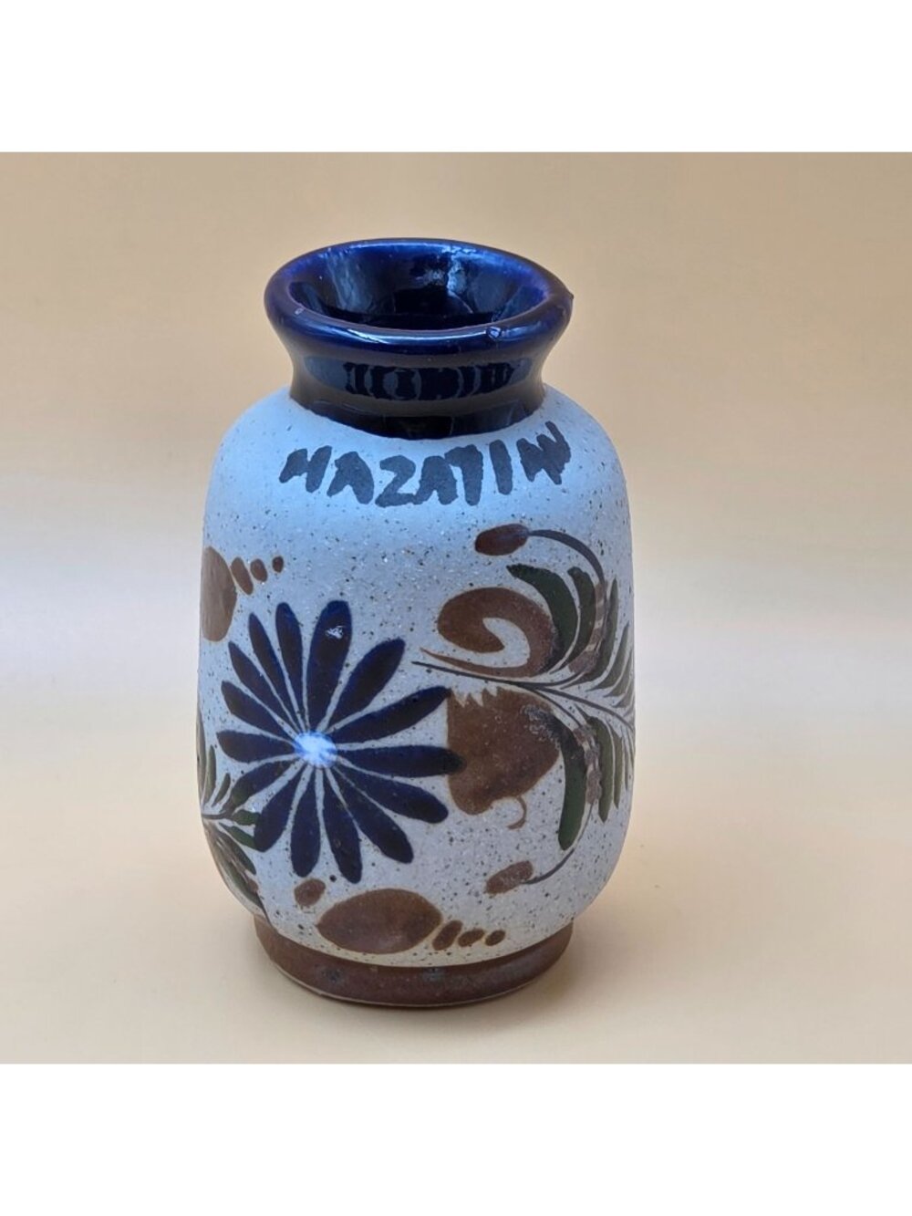 Mexican Tonala Mini Vase Floral Folk Art Pottery Blue Green Brown Mexico
